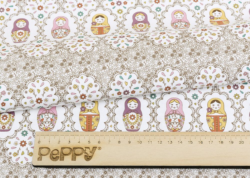 Ткань для пэчворка Peppy Крошки-матрешки, рулон 112 см / 5 метров, КМ-02 белый, Peppy