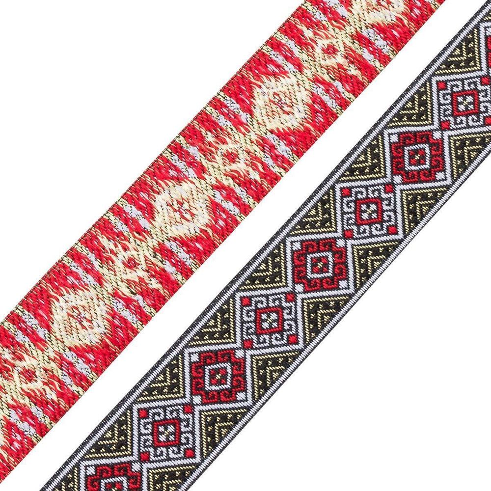 Лента (тесьма) жаккардовая 35.0 мм / 7 метров, золото/красный, 4101-1