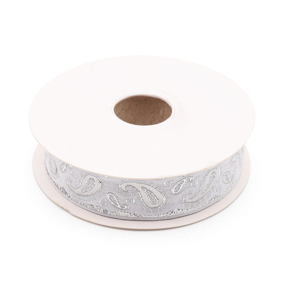 Лента (тесьма) жаккардовая 22.0 мм / 10±0.5 метров, Пейсли, 22807 белый/серебро
