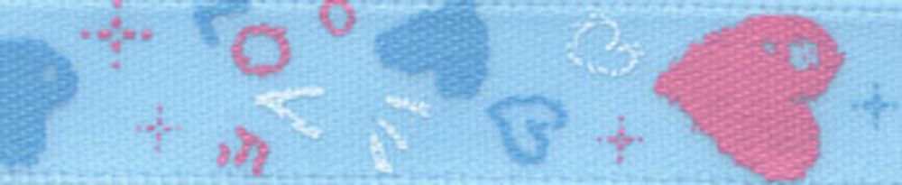 Лента атласная с рисунком 10 мм, 5х3 м, H31/129 сердечки/голубой, Gamma ALP-103