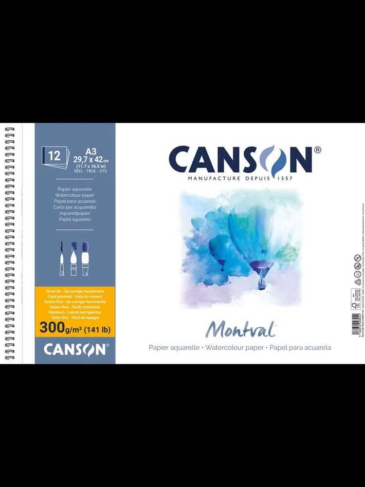 Альбом для акварели Montval 100% целлюлоза 300 г/м², A3 29.7х42 см, на спирали 12 л, мелкозернистая, Canson, C518413003