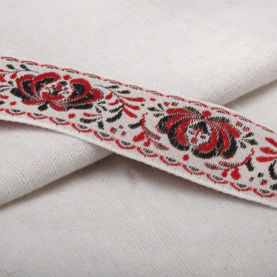 Лента (тесьма) жаккардовая 32.0 мм / 25±1 метров, рис. 9581 Гжель, (2 белый/красный/черный) С1853Г17