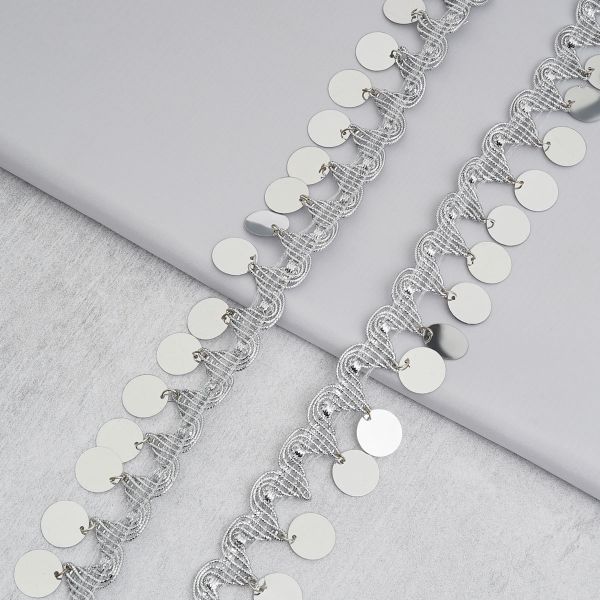 Тесьма отделочная металлизированная с пайетками 35.0 мм / 9.14 метра, серебро