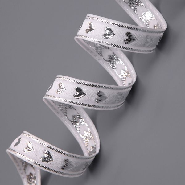 Тесьма декоративная металлизированная Сердечки 15 мм / 25 метров, 15005 белый/серебро