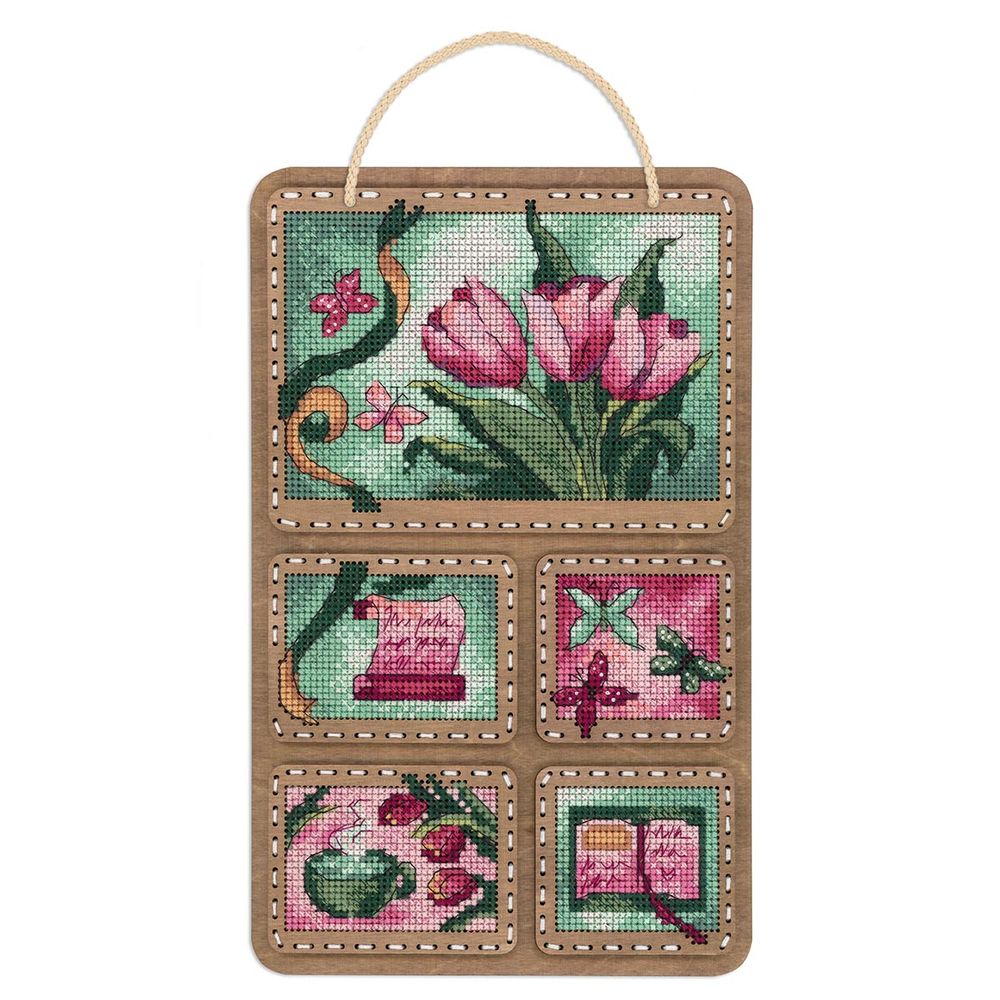 Набор для вышивания нитками МП Студия О-123, на деревянной основе Весенний коллаж 26х17см