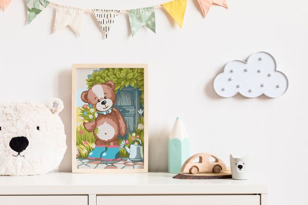 Картина по номерам Фрея, на картоне Медвежонок с букетом, 20х30 см