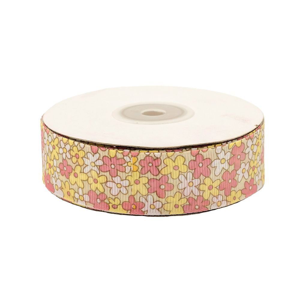 Лента репсовая (в рубчик) Цветочки 3 25.0 мм, 22.86 м (белый)