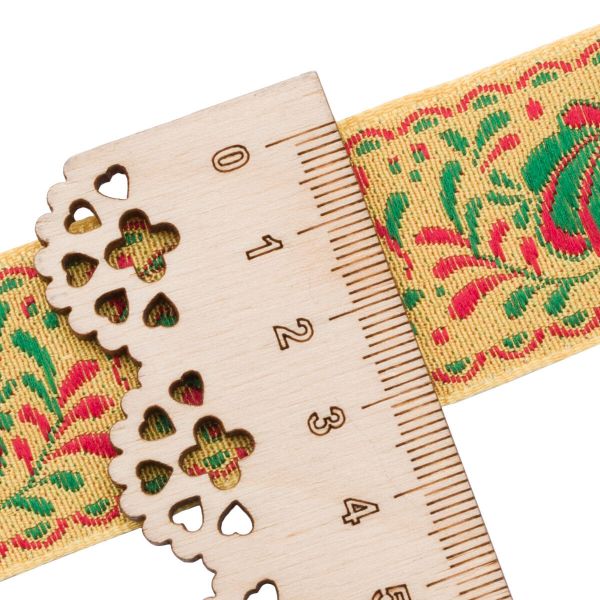 Лента (тесьма) жаккардовая 32.0 мм / 25±1 метров, рис. 9581 Гжель, (10 желтый/зеленый/красный) С1853Г17