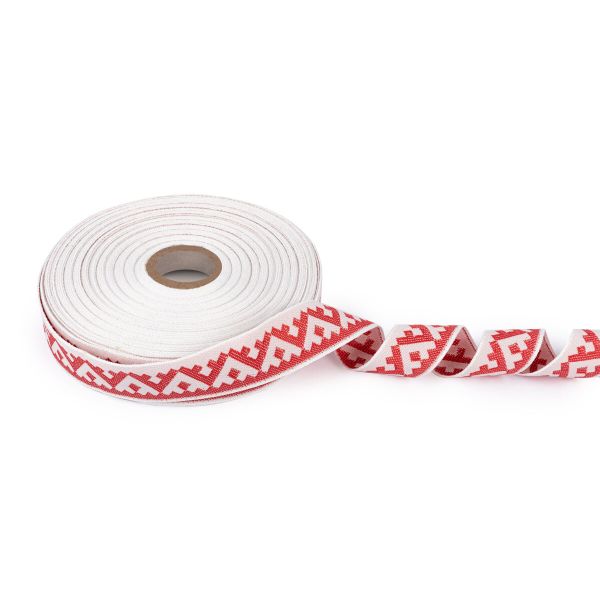 Лента (тесьма) жаккардовая 24.0 мм / 25±1 метров, Орнамент для северных народов, рис 8621 белый-красный, Gamma С3772