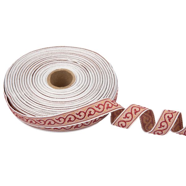 Лента (тесьма) жаккардовая 18.0 мм / 25 метров, Орнамент для северных народов, рис 9594 белый/бордовый/ч.роза, Gamma С3771