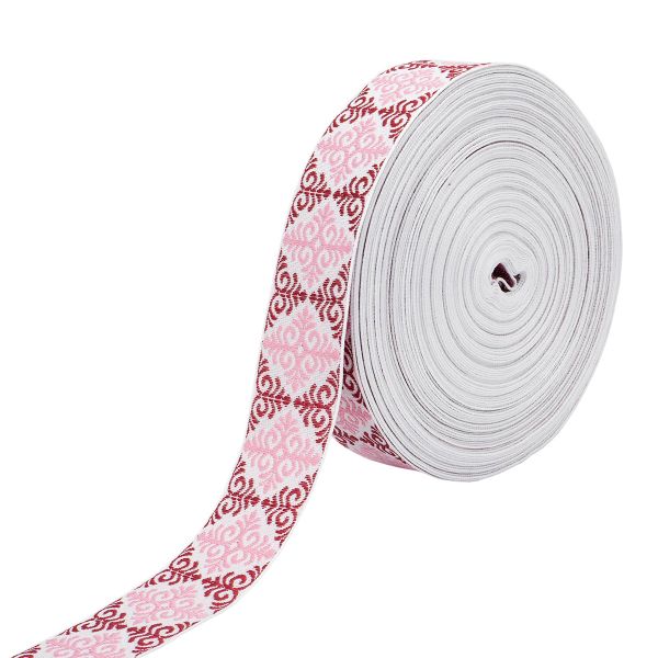 Лента (тесьма) жаккардовая 32.0 мм / 25 метров, Славянский орнамент Оберег, рис. 9788, белый / бордовый / розовый, С3774Г17