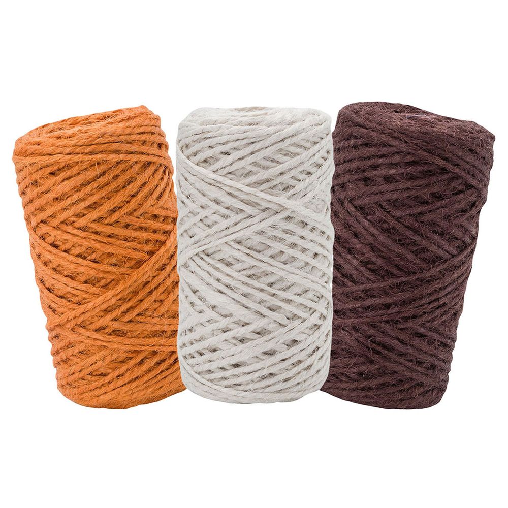 Шпагат джутовый ⌀1.4 мм / 50 метров (50 г), 2-ниточный, 1200 текс, евробобина, 3 шт, ассорти 3 (белый, оранжевый, коричневый)