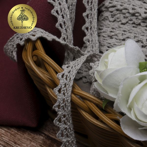 Кружево вязаное (тесьма) 10 мм / 10 метров, диз. 946, цв.22 серый лен, Kruzhevo
