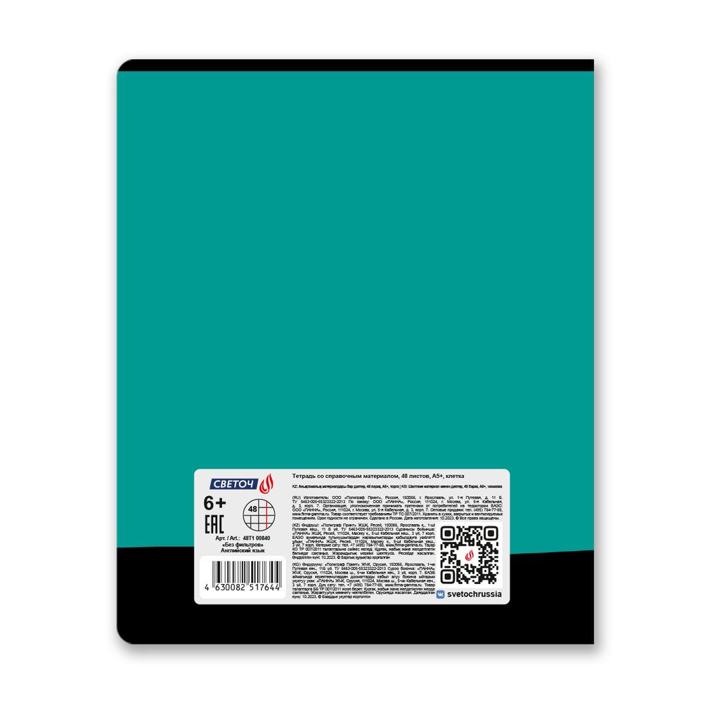 Тетрадь со справочным материалом Без фильтров, A5+ 48 л. на скобе 60 г/м², белизна 90%, 10 шт, клетка, 00840 Английский язык, Светоч 48Т1