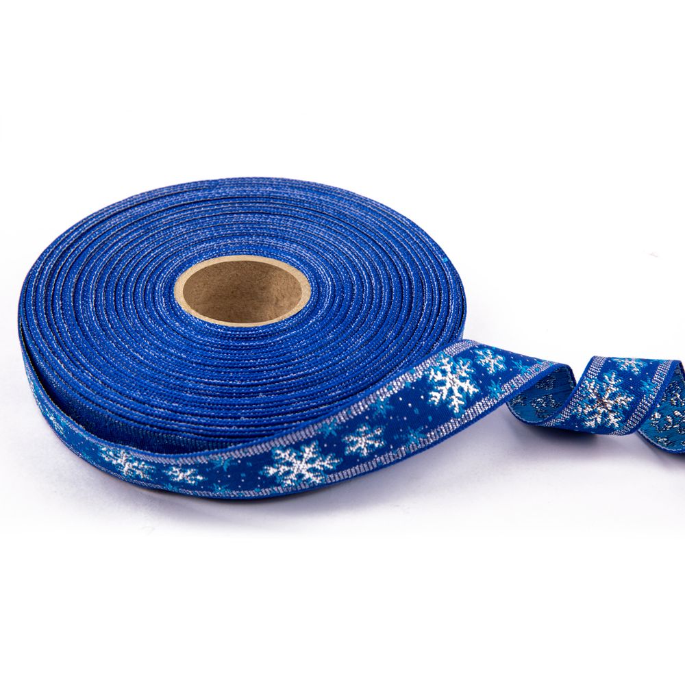 Лента (тесьма) жаккардовая 23.0 мм мм / 25±1 метров, рис. 8887В, лента, Снежинка, синий/голубой/серебро, Blitz С1857 рис. 8887В