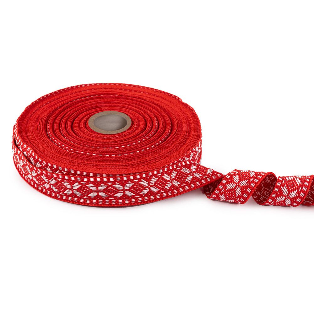 Лента (тесьма) жаккардовая 24.0 мм / 25±1 метров, Орнамент для северных народов, рис 9867 №3 красн/белый, Gamma C3885