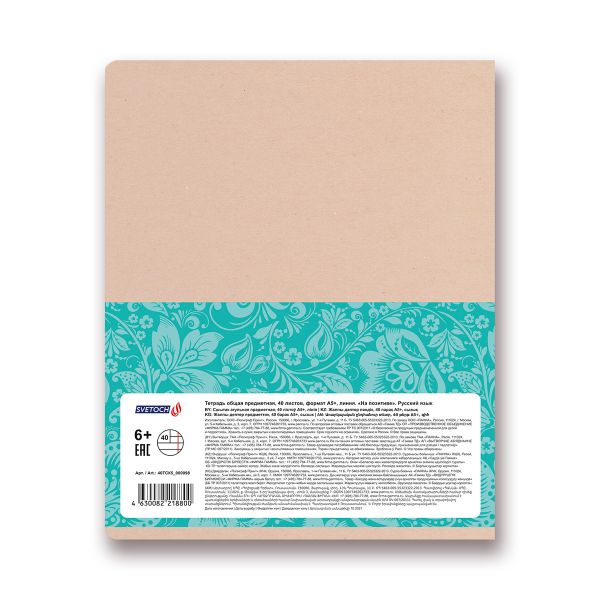 Тетрадь предметная На позитиве A5+ 40 л. на скобе, 10 шт, линия, Русский язык 40ТСК5 000098, Светоч