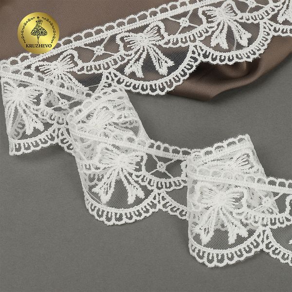 Кружево на сетке матовая нить с бантиками 60 мм, цв.02 молочный, уп.10м, Kruzhevo