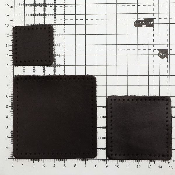 Набор заплаток пришивных из кожи, квадрат 4см, 6см и 8см, с перфорацией, 3 шт, 100% кожа (03 темно-коричневый), 9402