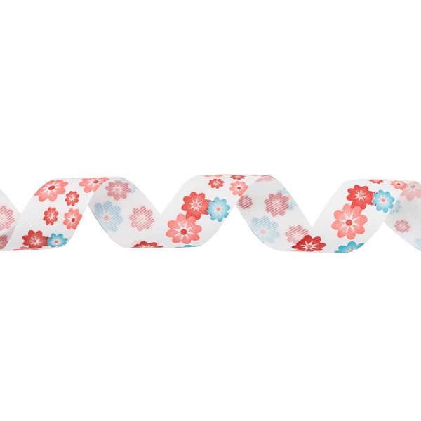 Лента репсовая (в рубчик) Цветочки 2 25.0 мм, 22.86 м (розовый/голубой)