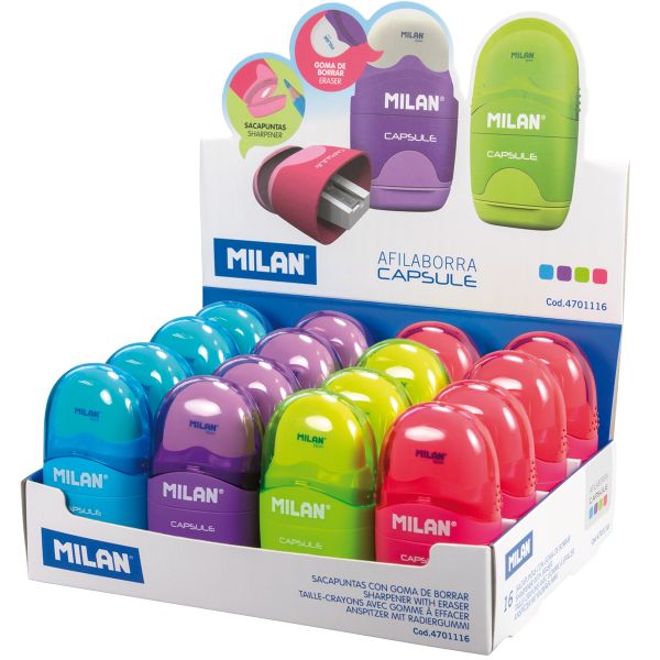 Точилка с ластиком Capsule 1 отверстие 16 шт, ассорти, Milan 4701116