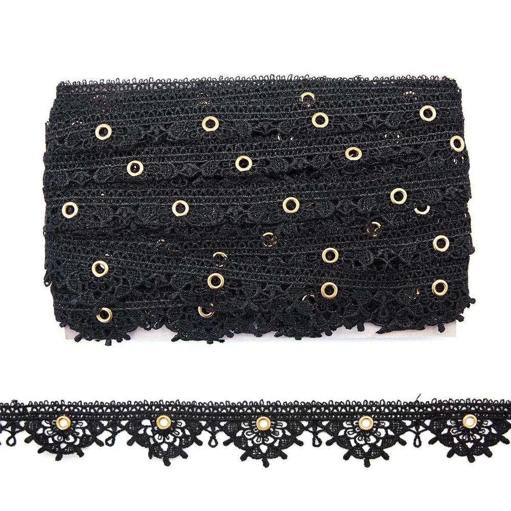 Кружево гипюр (плетёное) (матовое) 35 мм, с люверсами, черный, 13.72 м, S090716