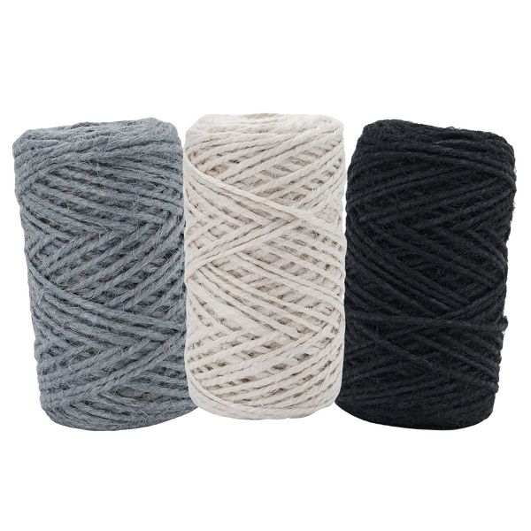Шпагат джутовый ⌀1.4 мм / 50 метров (50 г), 2-ниточный, 1200 текс, евробобина, 3 шт, ассорти 4 (белый, серый, черный)