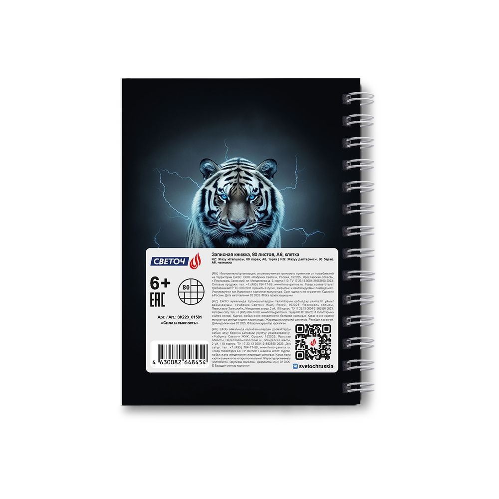 Записная книжка с твердым переплетом, матовая ламинация, на гребне A6 80 л. 4 шт клетка, Сила и смелость 01581, ЗК223 Светоч