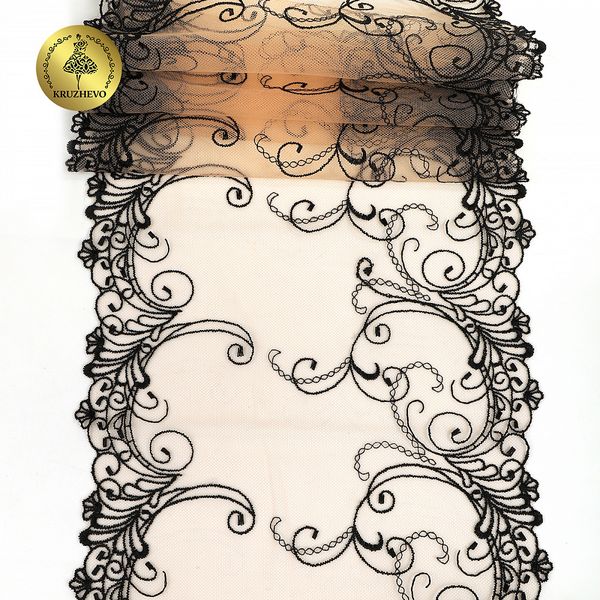 Кружево на сетке (вышитое) арт.T104 220мм цв.черный+телесный уп.6.5м, Kruzhevo