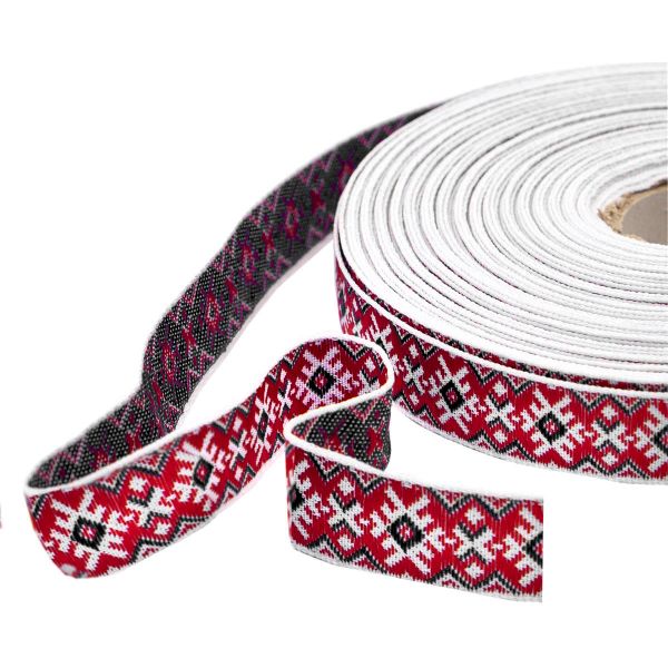 Лента (тесьма) жаккардовая 18.0 мм / 25±1 метров, Славянский орнамент Оберег, рис.9651 (2 белый/красный/черный) С3771Г17