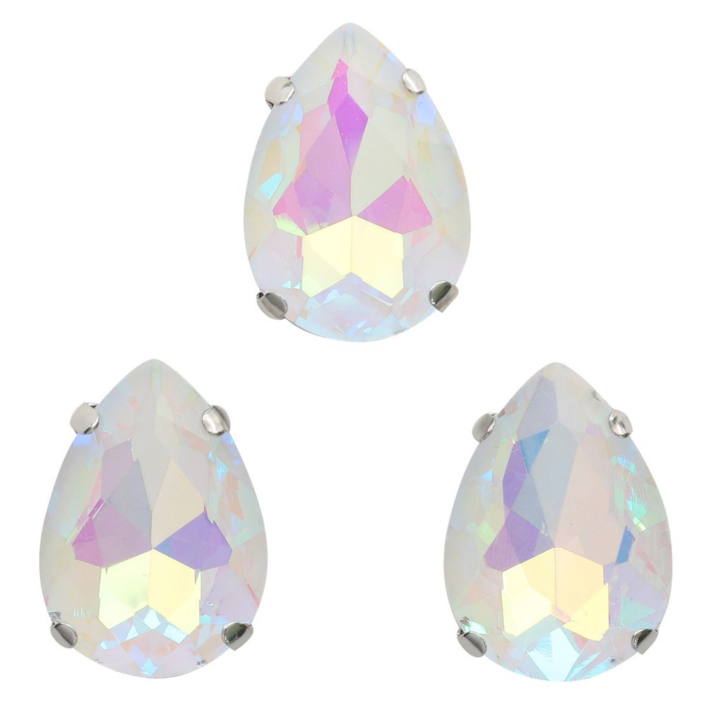 Хрустальные стразы в цапах формы капля, белый с покрытием AB 13х18 мм, 3 шт., АЦ002НН1318