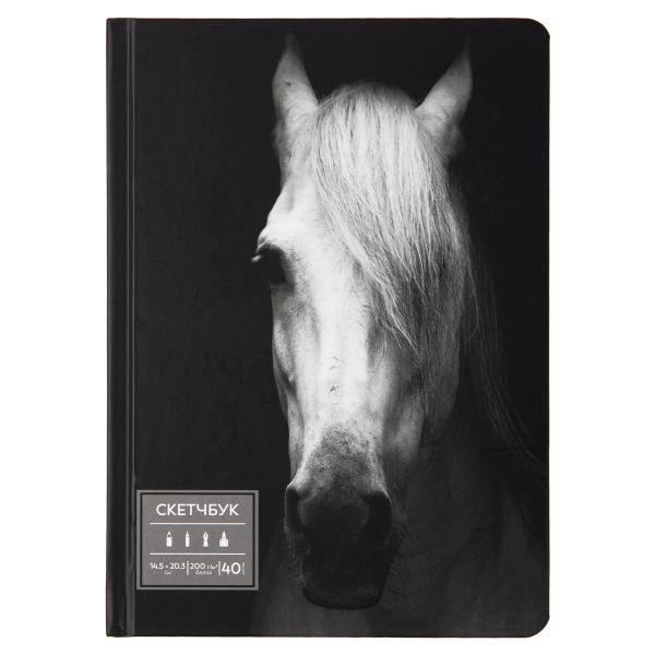 Скетчбук A5 200 г/м², 200 г/м², 20.3х14.5 см, твердый переплет 40 л, 03_Horse in black, Аква-колор IZO-SBS-0740