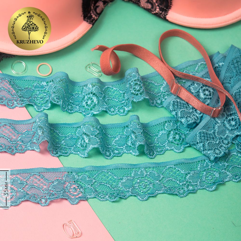 Кружево эластичное (стрейч) 35 мм, L839, цв.09 бирюзовый уп.50м, Kruzhevo