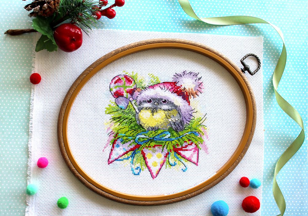 Набор для вышивания нитками МП Студия (Жар-птица), Зимняя синичка, 15х14 см