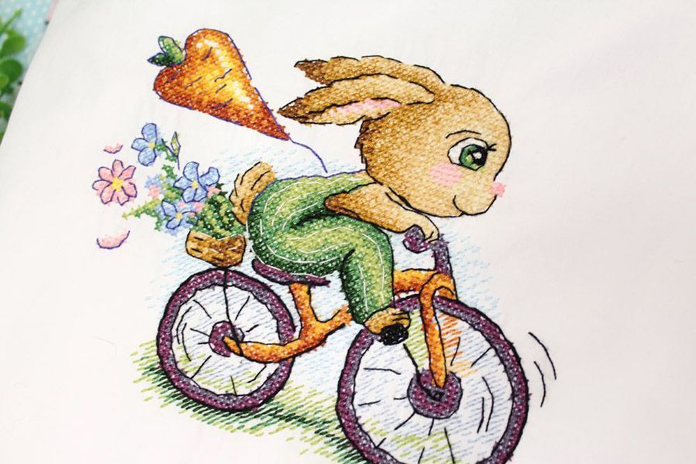 Набор для вышивания нитками МП Студия (Жар-птица), вышивка на одежде Зайчик-велосипедист, 13х15 см