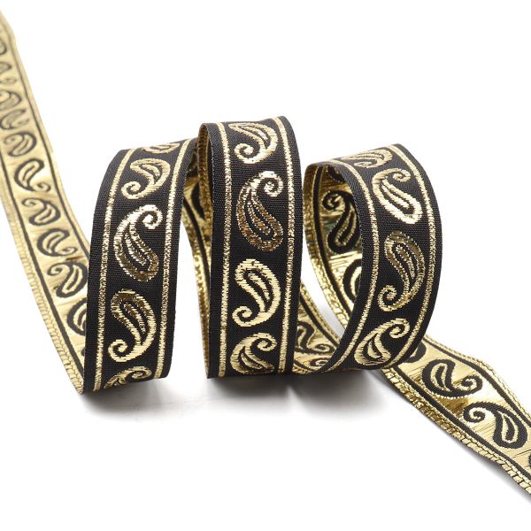 Тесьма декоративная металлизированная Пейсли 15 мм / 25 метров, 15006 черный/золото