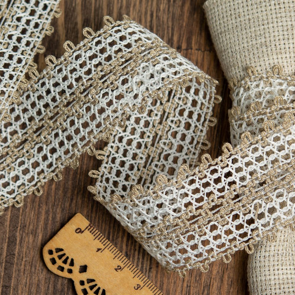 Кружево вязаное (тесьма) 37 мм / 10 метров, 60000 цв.127 белый со льном, Kruzhevo Кружево вязаное (тесьма) 37 мм / 10 метров, 60000 цв.127 белый со льном, Kruzhevo