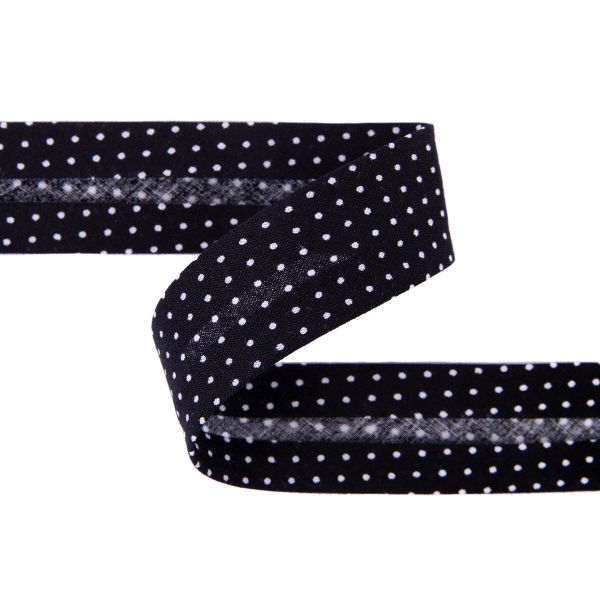 Косая бейка хлопковая 20 мм / 5 шт по 5.4 метра, №113P черный/белый горох, Gamma GBF-20