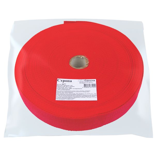 Стропа (ременная лента) 50 мм / 30 метров, толщ. 1.1 мм, [28 г/пог.м], 100% п/п, красный, Gamma 3077