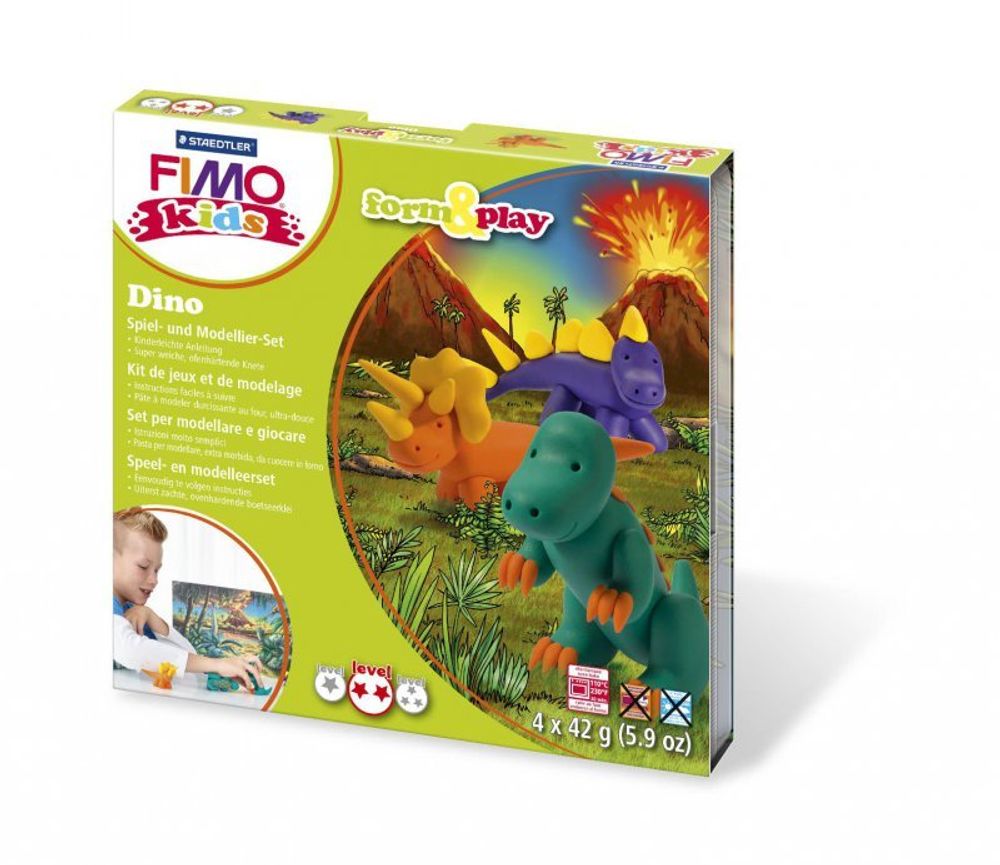 Набор &quot;Дино&quot; Fimo Kids Form&amp;Play, состоящий из 4-ти блоков по 42 гр, уровень сложности 3, 8034 07 LZ