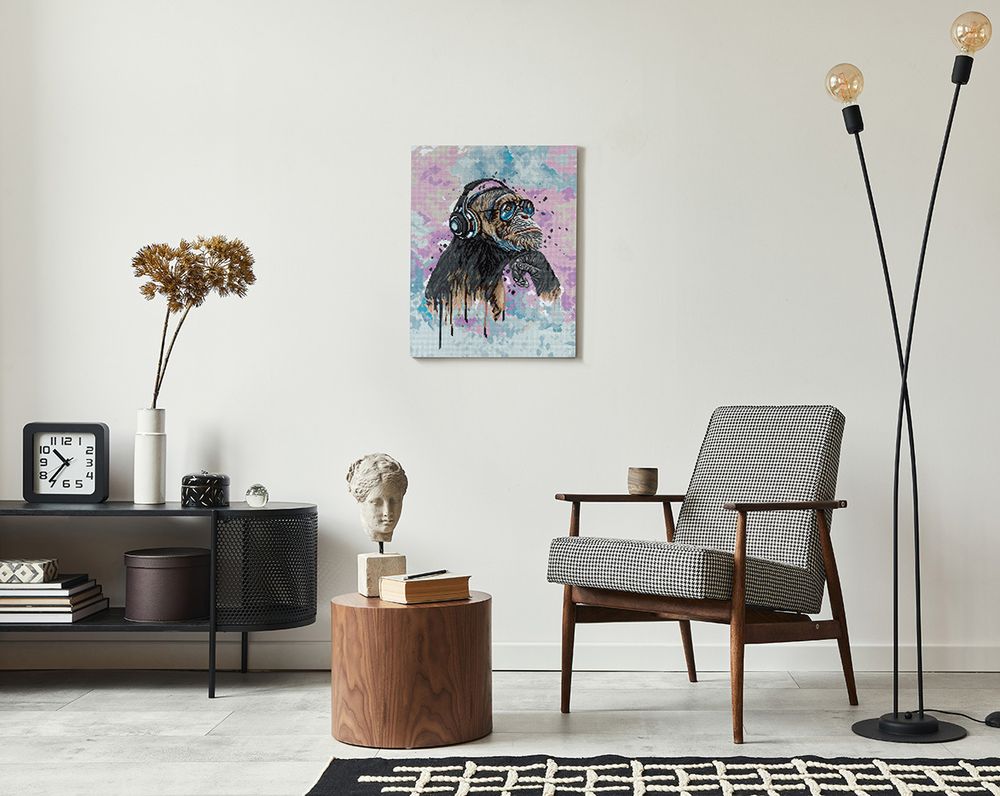 Алмазная (кристальная) мозаика Фрея, на подрамнике Шимпанзе в наушниках, 40х50 см