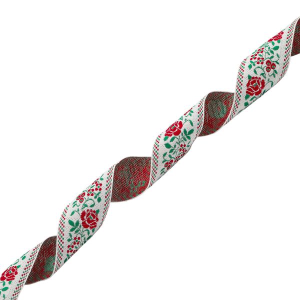 Лента (тесьма) жаккардовая 50.0 мм / 25±1 метров, рис.9600 Розы, (1 белый/красный/зеленый) С3379Г17