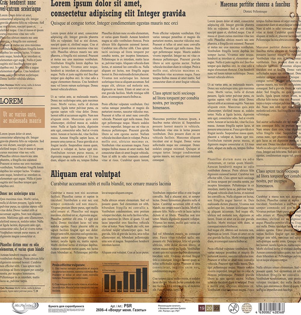 Бумага для скрапбукинга Вокруг меня. Газеты 190 г/м², 30.5х30.5 см, 10 шт, 4, Mr.Painter PSR 2606