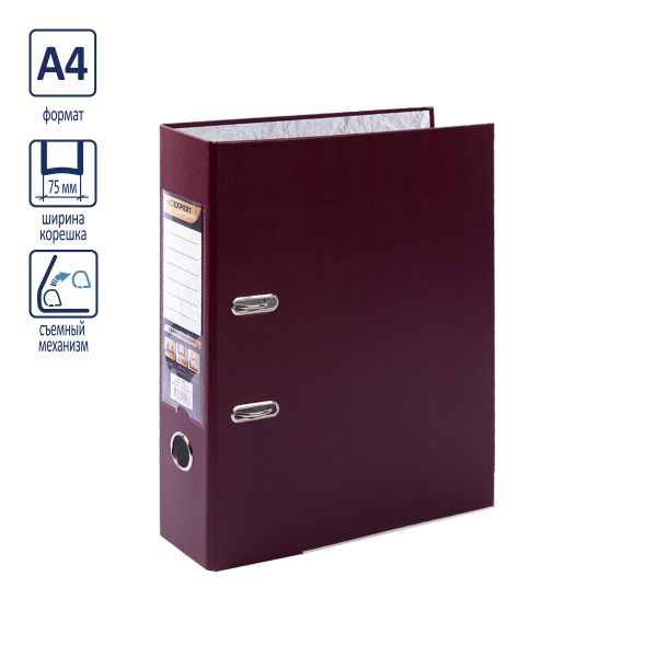 Регистратор PVC, мет.уг. 75 мм, 50 шт, Premier A4 арочный механ. (разб.), бордовый EC1012265, Expert Complete