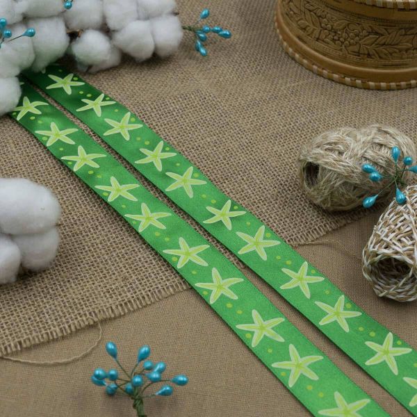 Лента атласная с рисунком 25.0 мм / 3 метра, Морская звезда (зеленый), Globus
