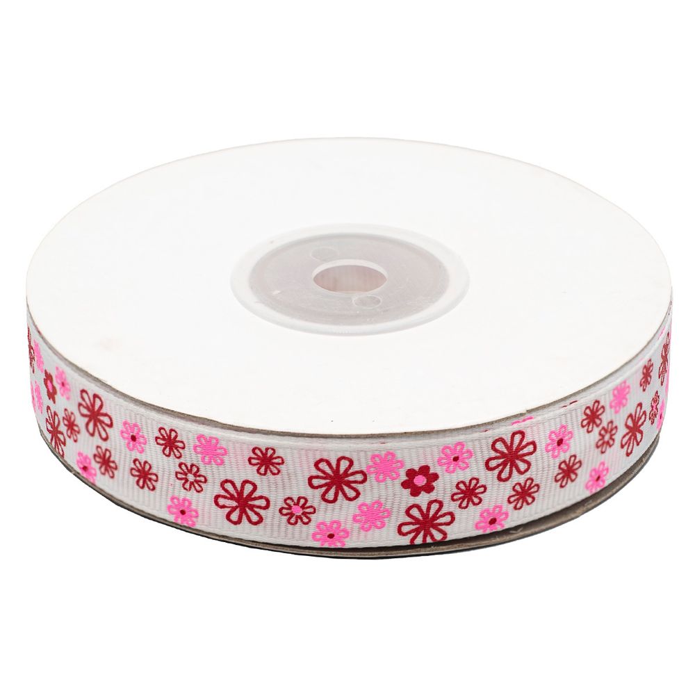 Лента репсовая (в рубчик) Цветочки 4 1,5см*22.86 м (белый)