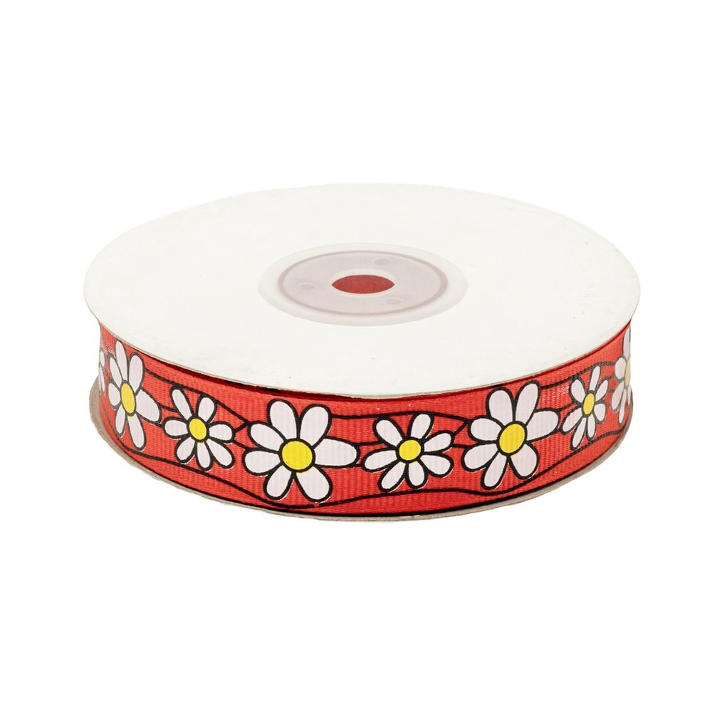 Лента репсовая (в рубчик) Ромашки 1,5см*22.86 м (красный)