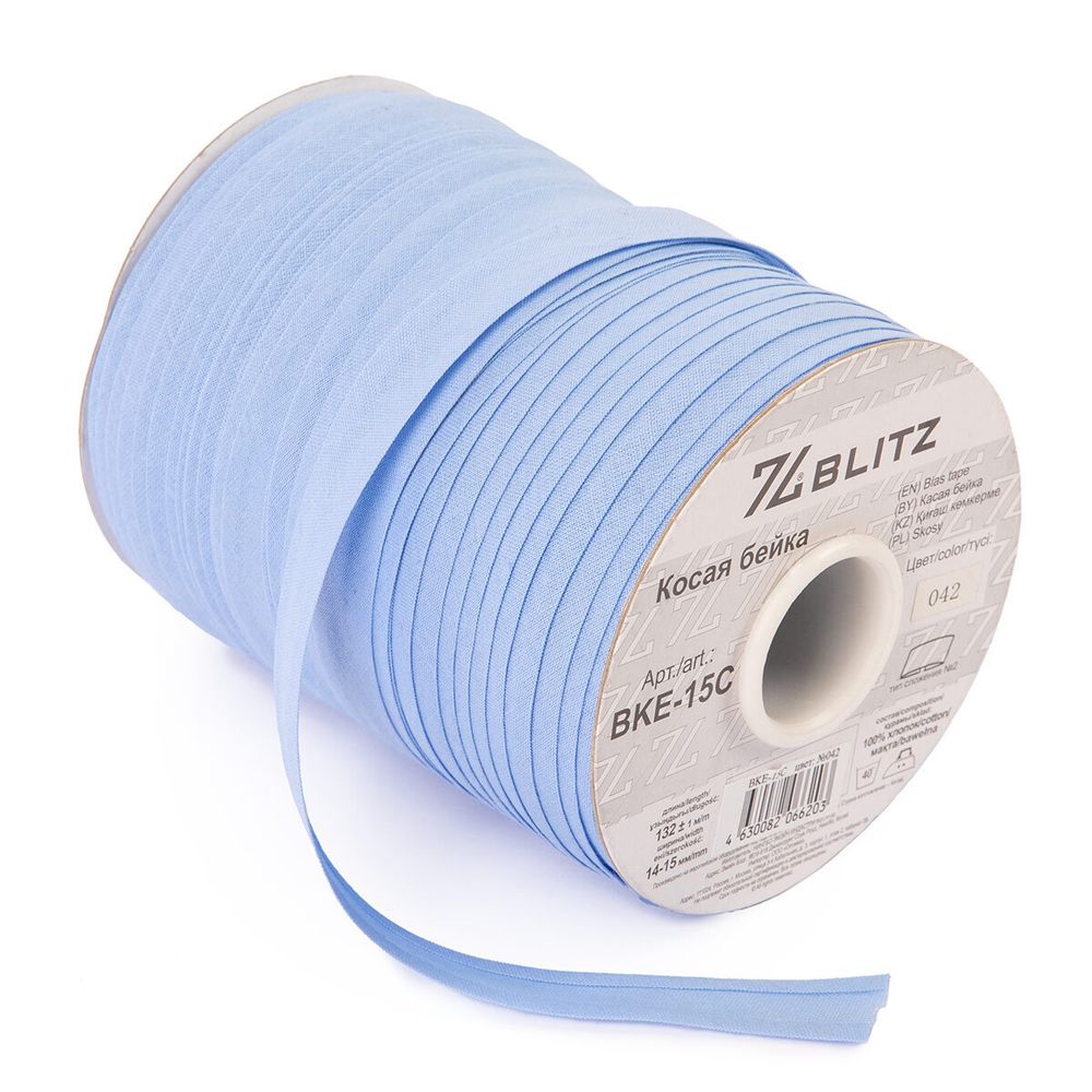 Косая бейка хлопковая 15 мм / 132±1 метра, 042 голубой, Blitz BKE-15C