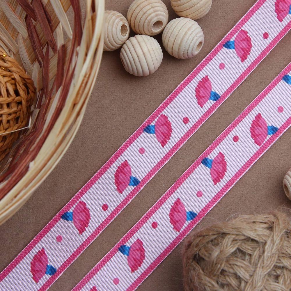 Лента репсовая (в рубчик) Гвоздики, 15 мм, 3м, розовый