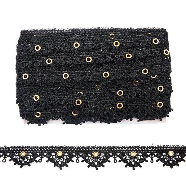 Кружево гипюр (плетёное) (матовое) 35 мм, с люверсами, черный, 13.72 м, S090716